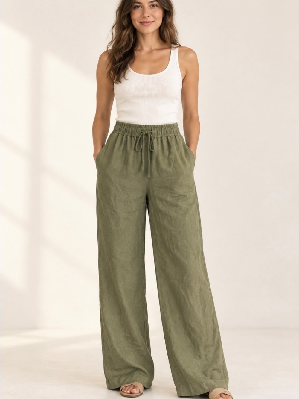 H&M Olive Wide-Leg Drawstring Linen-Blend Pants